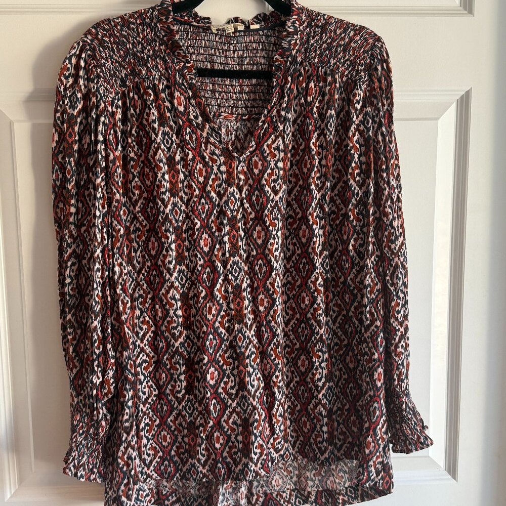 Fat Face Smocked Boho Blouse Printed Long Sleeve Top Size US 10